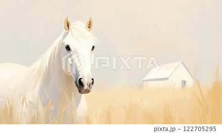 White horse in a serene wheat field with distant barn under soft sunlight, AI Generative 122705295