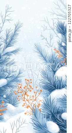 Snowy Winter Scene with Blue Foliage and Orange Berries, AI Generative 122705327
