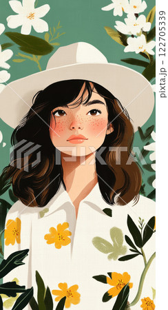 Tranquil Portrait of a Woman in Floral Attire Against Green Backdrop, AI Generative Tranquil Portrait of a Woman in Floral Attire Against Green Backdrop, AI Generative 122705339