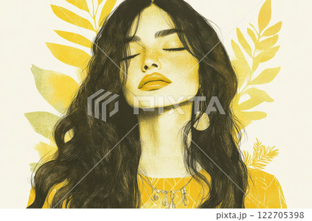 Serene woman with long hair against a botanical backdrop in warm tones, AI Generative Serene woman with long hair against a botanical backdrop in warm tones, AI Generative 122705398
