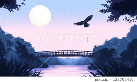 Serene Moonlit Landscape with Bird over Bridge in Tranquil Forest Setting, AI Generative 122705410