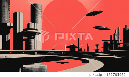 Futuristic cityscape with flying vehicles and a bold red sun in the background, AI Generative 122705452