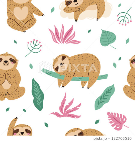 Seamless pattern with cute sloths characters and tropical leaves Seamless pattern with cute sloths characters and tropical leaves 122705510