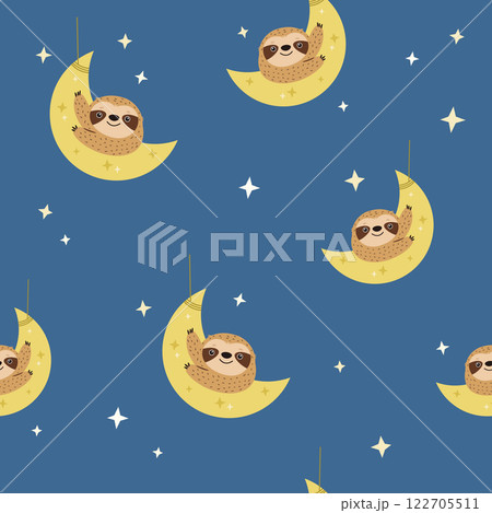 Seamless pattern with cute sloths characters sleeping on the moon 122705511