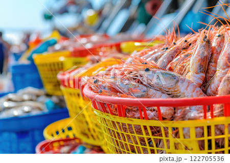 Fresh Shrimp in Vibrant Baskets at a Coastal Seafood Market, AI Generative 122705536