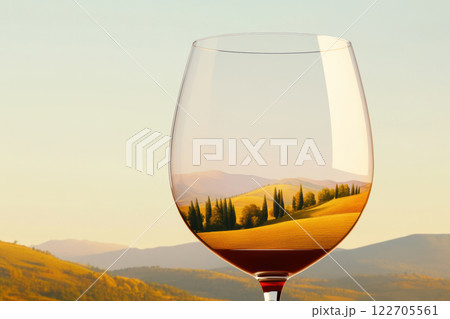 Scenic Tuscany Landscape Reflected in Wineglass at Sunset, AI Generative Scenic Tuscany Landscape Reflected in Wineglass at Sunset, AI Generative 122705561