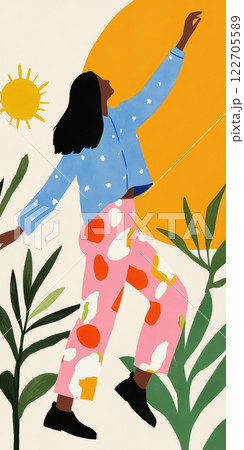 Woman reaching for the sun in vibrant abstract nature illustration, AI Generative 122705589