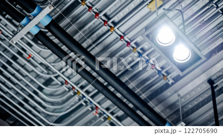 Spotlight lamp hanging under electrical cable conduit wiring with junction box and plumbing pipeline 122705690