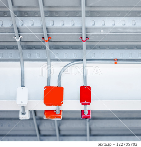 Electrical cable conduit with colorful junction box for electric wiring system on the ceiling 122705702