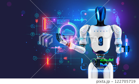 AI management work robots on factory. Humanoid robot with artificial intelligence or AI synchronization cloud data on factory or manufacturer. Industry 4.0. AI technology, cloud computing. Concept. 122705719