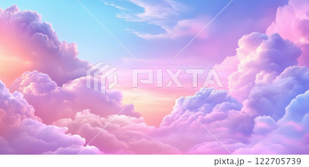Serene pastel sky with fluffy clouds at sunrise creating a dreamy and tranquil atmosphere, AI Generative 122705739
