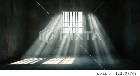 Light rays streaming through barred window in dim room, AI Generative 122705748