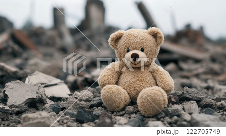 Abandoned plush bear amidst rubble reflecting loss and resilience, AI Generative 122705749
