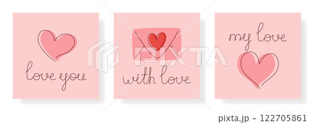 Set of simple square cards for Valentines Day. Romantic cards for February 14. Festive cards with handwritten inscriptions, decorative hearts and symbols of love 122705861