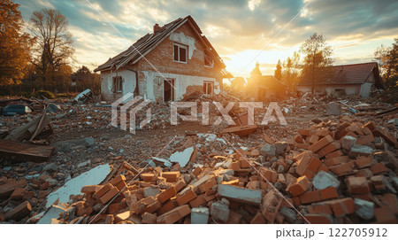 Sunset Over Demolished House with Piles of Rubble and Debris, AI Generative 122705912