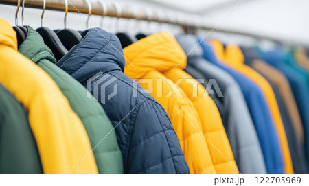 Colorful winter jackets hanging in a row at a clothing store, AI Generative 122705969