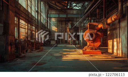 Abandoned industrial factory with sunlit machinery and rustic interior design, AI Generative 122706113