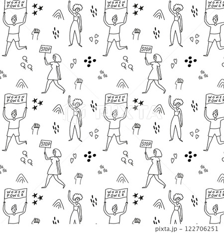 Feminist Seamless Pattern with Activist Women and Protest Signs (Women Power, Stop) 122706251