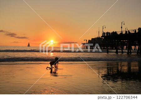 サンタモニカピアの海岸で夕日とはしゃぐ子供たち 122706344