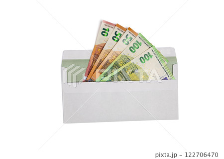White envelope with 10 ,50 and 100 Euro banknotes isolated on a white background. Top view White envelope with 10 ,50 and 100 Euro banknotes isolated on a white background. Top view 122706470