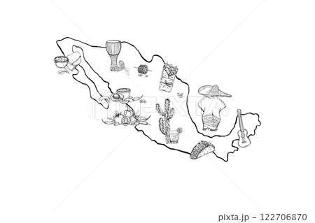 Mexica map silhouette with sights vector monochrome illustration painted by black inks. Mexican clothing, musical instruments, cuisine food, drinks, plants. For tourist advertising brochures. 122706870