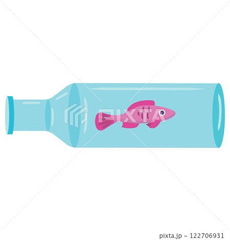Fish stuck in a bottle. Water pollution concept. Vector illustration isolated on white background. Fish stuck in a bottle. Water pollution concept. Vector illustration isolated on white background. 122706931