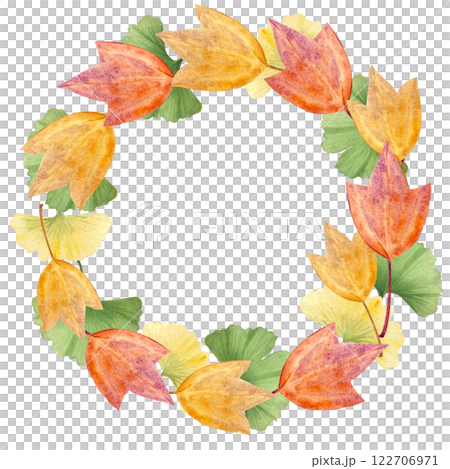 Chestnut oak and trident maple leaves in autumn colors hand painted watercolor wreath isolated on white. High quality art with for woodland designs, cards, posters, packages decor and design 122706971