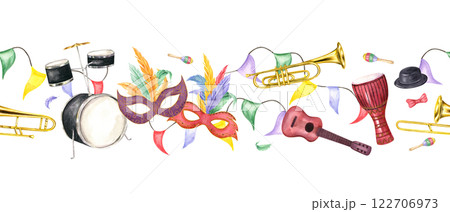 Carnival street party horizontal seamless banner isolated background. Music percussion, string and wind instruments, masks with feathers, flag garlands watercolor illustration for web design, canvas Carnival street party horizontal seamless banner isolated background. Music percussion, string and wind instruments, masks with feathers, flag garlands watercolor illustration for web design, canvas 122706973