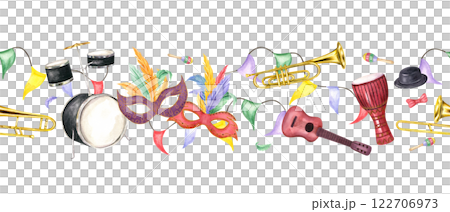 Carnival street party horizontal seamless banner isolated background. Music percussion, string and wind instruments, masks with feathers, flag garlands watercolor illustration for web design, canvas Carnival street party horizontal seamless banner isolated background. Music percussion, string and wind instruments, masks with feathers, flag garlands watercolor illustration for web design, canvas 122706973