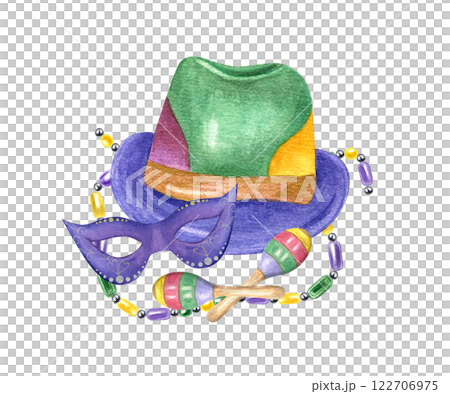 Watercolor carnival felt hat with colored beads, blue mask, maraca illustration. Fabric clothing element with festival attributes for masquerade parade. Greeting cards, poster, advertising brochure Watercolor carnival felt hat with colored beads, blue mask, maraca illustration. Fabric clothing element with festival attributes for masquerade parade. Greeting cards, poster, advertising brochure 122706975