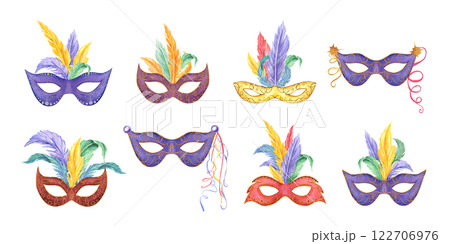 Watercolor carnival colored masks with bird feathers for Mardi gras, Brazilian, Venetian festivals illustration. Elegant carnival attributes for masquerade parade. Greeting cards, poster, invitation 122706976
