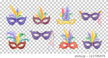Watercolor carnival colored masks with bird feathers for Mardi gras, Brazilian, Venetian festivals illustration. Elegant carnival attributes for masquerade parade. Greeting cards, poster, invitation 122706976