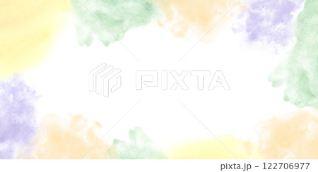 Pastel watercolor stains in Mardi Gras colors horizontal rectangle frame with empty space for text. Colored abstract illustration isolated background. For carnival holly festival project, invitation 122706977