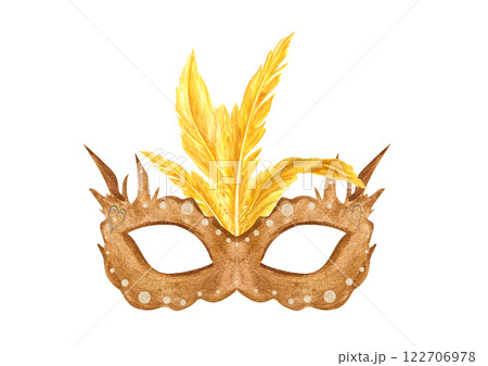 Golden carnival mask with yellow bird feathers watercolor illustration isolated background. Mardi gras, Rio, Venetian festival masquerade attribute for holiday Fat Tuesday parade greeting cards 122706978