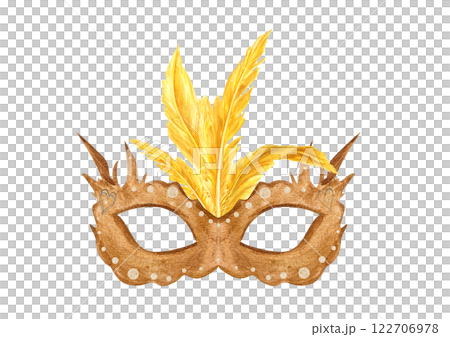 Golden carnival mask with yellow bird feathers watercolor illustration isolated background. Mardi gras, Rio, Venetian festival masquerade attribute for holiday Fat Tuesday parade greeting cards 122706978