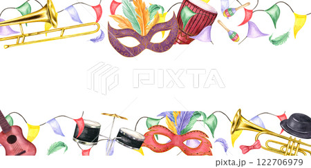 Watercolor Fat Thursday carnival horizontal frame with copy space for text. Festival mask with feathers, musical instruments, flag ribbon, hat holiday illustration. For masquerade greeting cards 122706979