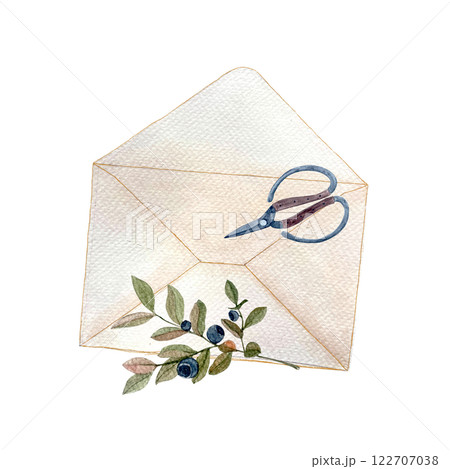 Blueberry sprig and envelope, scissors composition watercolor isolated on white. Hand painted high quality art in great for romantic designs stickers, notebooks decor, packages, herbal production Blueberry sprig and envelope, scissors composition watercolor isolated on white. Hand painted high quality art in great for romantic designs stickers, notebooks decor, packages, herbal production 122707038