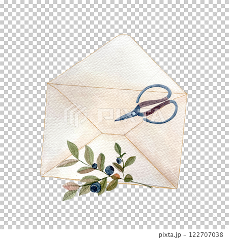 Blueberry sprig and envelope, scissors composition watercolor isolated on white. Hand painted high quality art in great for romantic designs stickers, notebooks decor, packages, herbal production Blueberry sprig and envelope, scissors composition watercolor isolated on white. Hand painted high quality art in great for romantic designs stickers, notebooks decor, packages, herbal production 122707038
