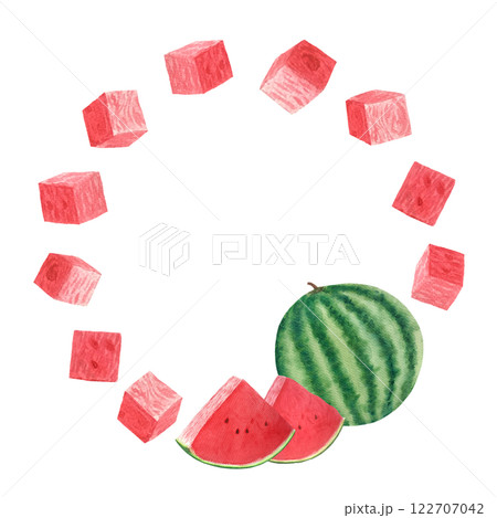Watermelon round frame. Whole, juicy slice and cubes. Watercolor round frame isolated on white background, hand drawn for food design. Packages, juice, smoothie, menu, organic food, ice cream label Watermelon round frame. Whole, juicy slice and cubes. Watercolor round frame isolated on white background, hand drawn for food design. Packages, juice, smoothie, menu, organic food, ice cream label 122707042