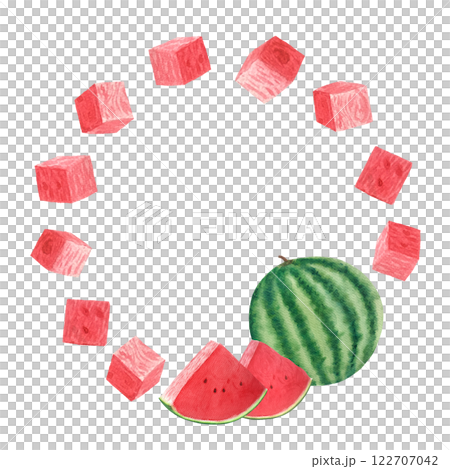 Watermelon round frame. Whole, juicy slice and cubes. Watercolor round frame isolated on white background, hand drawn for food design. Packages, juice, smoothie, menu, organic food, ice cream label Watermelon round frame. Whole, juicy slice and cubes. Watercolor round frame isolated on white background, hand drawn for food design. Packages, juice, smoothie, menu, organic food, ice cream label 122707042