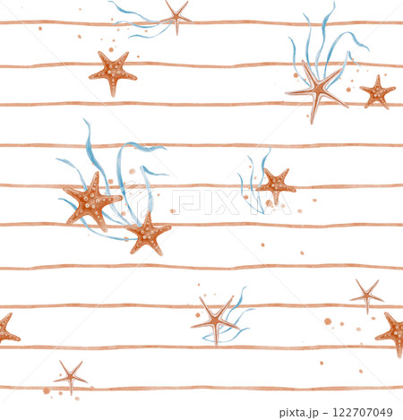 Watercolor seamless Pattern with Undersea Stars and Seaweed on striped background for kid. Nautical background with childish starfish for baby textile or nursery wallpaper in pastel color 122707049