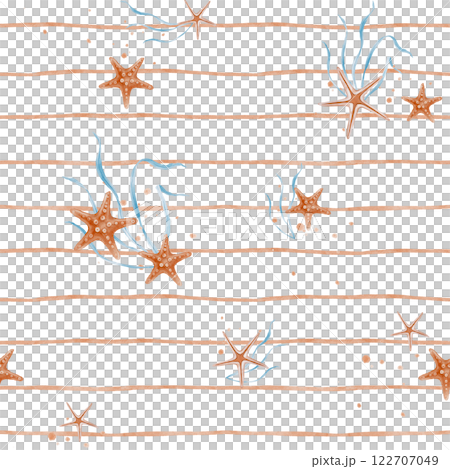 Watercolor seamless Pattern with Undersea Stars and Seaweed on striped background for kid. Nautical background with childish starfish for baby textile or nursery wallpaper in pastel color 122707049