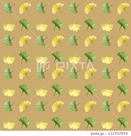 Three ginkgo biloba, maidenhair tree vibrant green and yellow leaves seamless pattern on mustard background. Hand-painted detailed textured watercolor perfect for textile, wrapping paper, packages 122707054