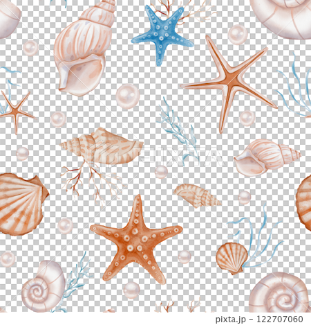 Seashell and Pearls Pattern on isolated background. Hand drawn vintage watercolor seamless ornament with Sea Shells and stars for wrapping paper or textile in nautical style. 122707060
