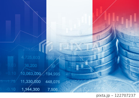 France flag on stock investment trading with coin and graph. France flag on stock investment trading with coin and graph. 122707237