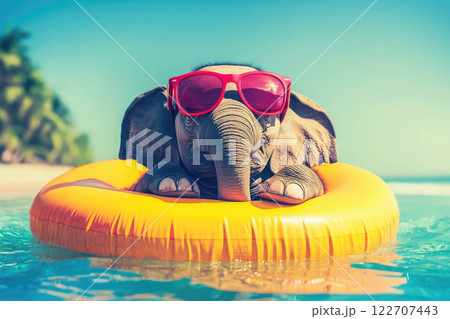 funny elephant with sunglasses on a beach float. summer concept 122707443