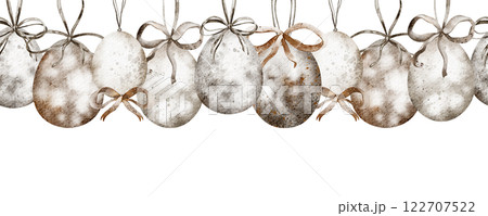 Vintage Easter decorations seamless border. Watercolor illustration hand drawn religious symbol decoration for celebration cards and invitations. Holiday design with traditional Christian theme. 122707522