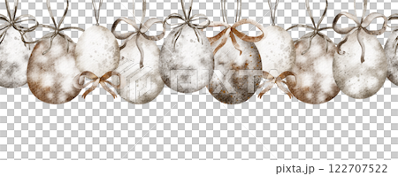 Vintage Easter decorations seamless border. Watercolor illustration hand drawn religious symbol decoration for celebration cards and invitations. Holiday design with traditional Christian theme. 122707522