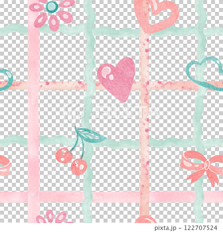 Cute checkered seamless doodle pattern illustration. Naive cartoon design with rainbow, butterfly, sun for nursery wallpaper or kindergarten decor. For children s products or preschool backgrounds. 122707524