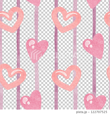 Watercolor Cute seamless pattern with pink hearts. Retro background with Pink striped in a girly style. Perfect for a nursery or children room wallpaper. 122707525